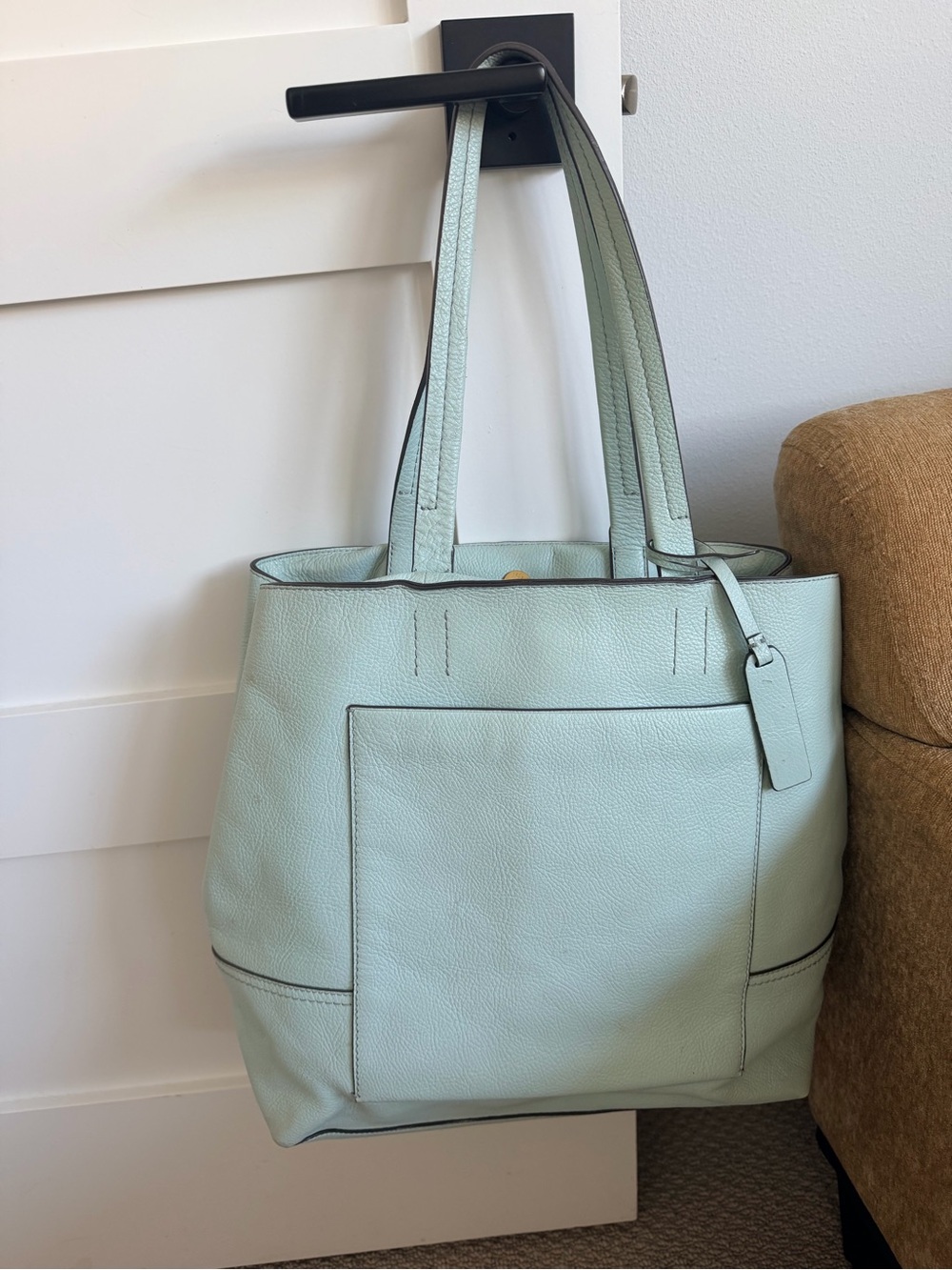 J. Crew Mint Green Pebbled Leather Tote with Front Pocket